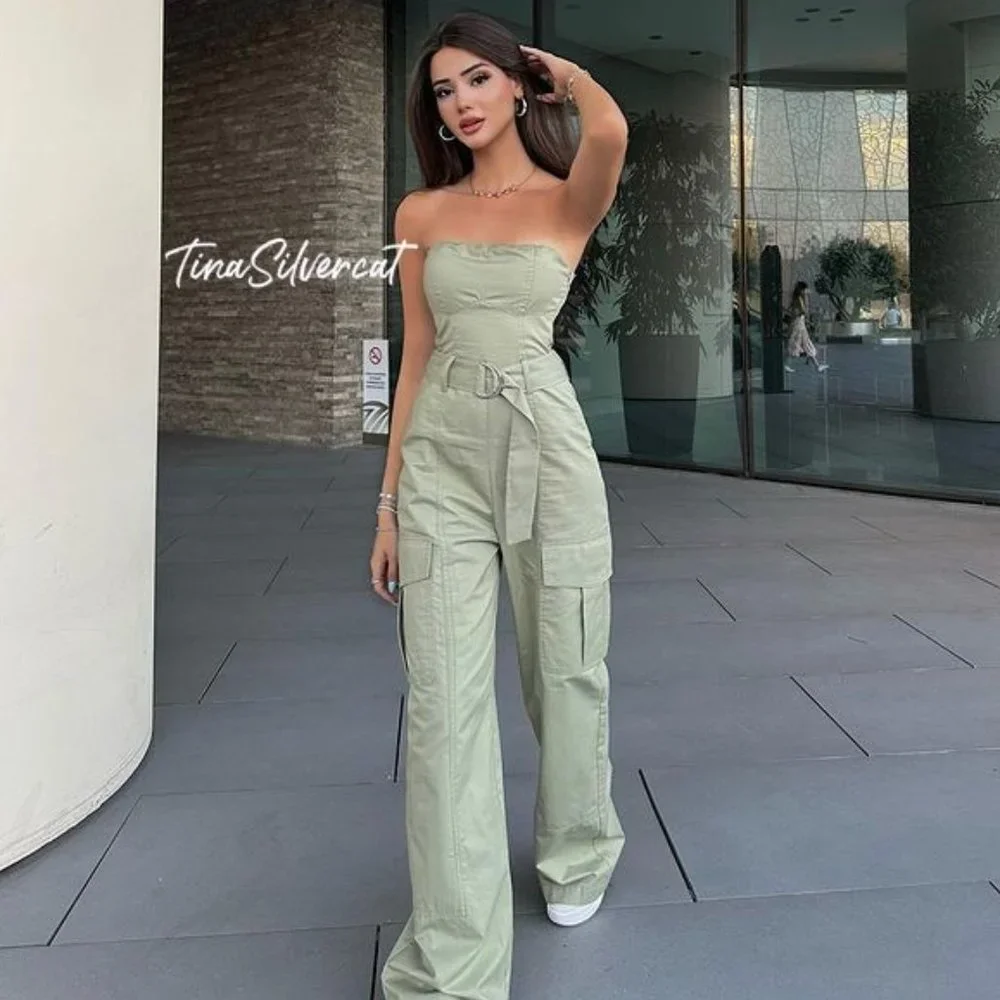 BLOGGER'S FAVE! Zara Wide Strapless Leg Jumpsuit Light Khaki NWT